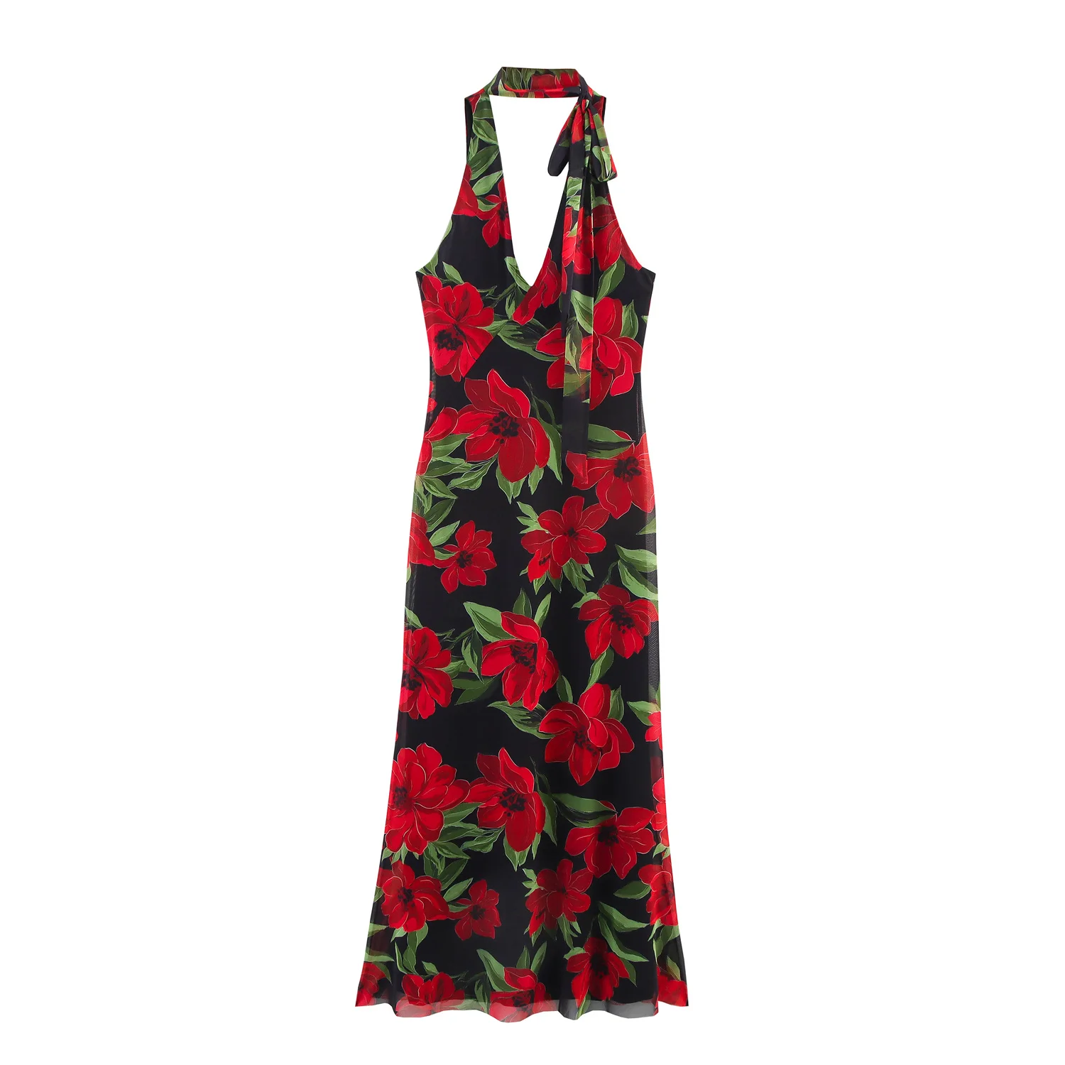 Scarlett | Printed Tulle V-Neck Sleeveless Long Dress with Scarf