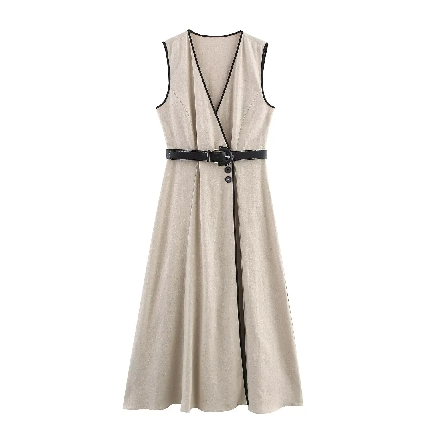 Lily |  V-Neck Single-Breasted Sleeveless Midi Dress with Belt