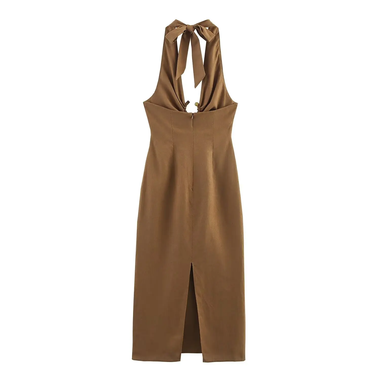 Ellie | Linen Buckle Strap Backless Zipper Midi Dress