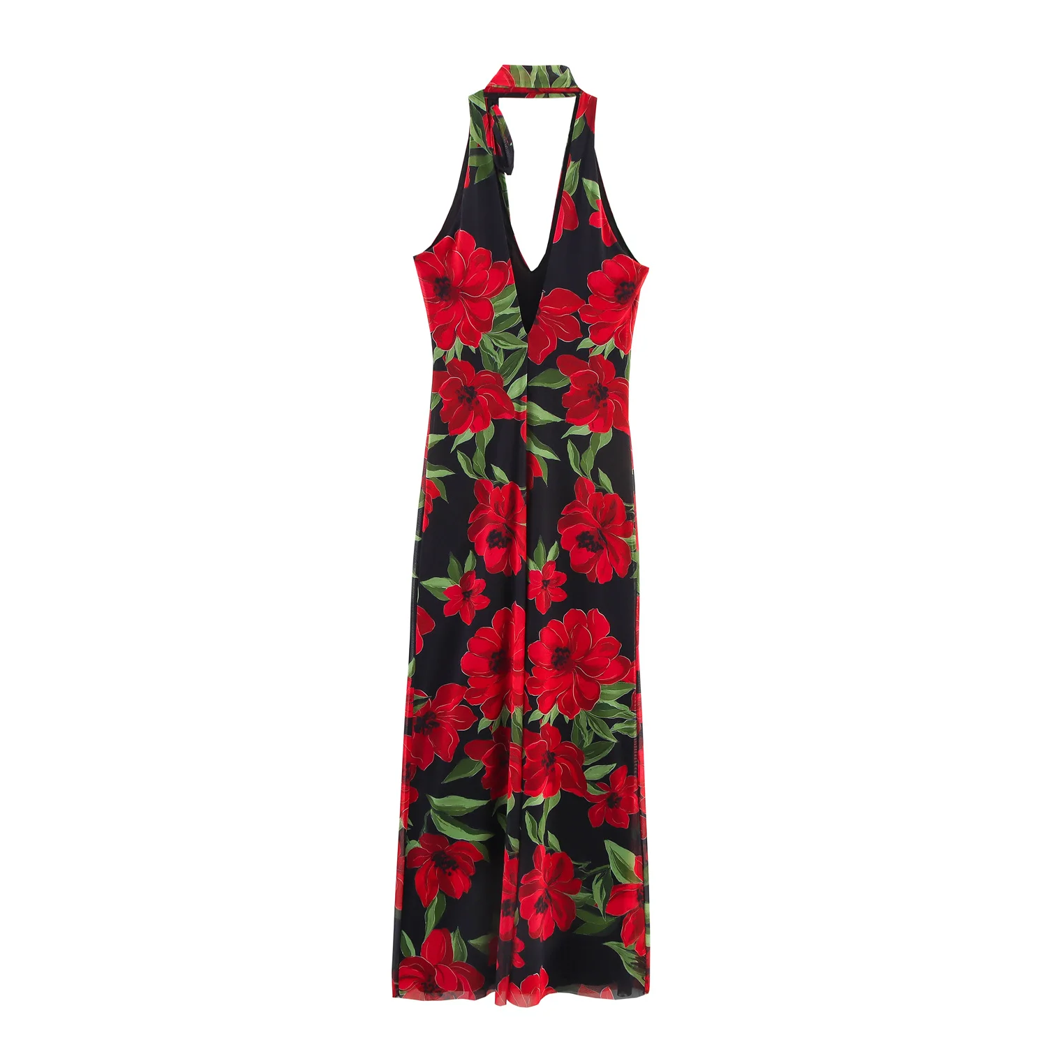Scarlett | Printed Tulle V-Neck Sleeveless Long Dress with Scarf