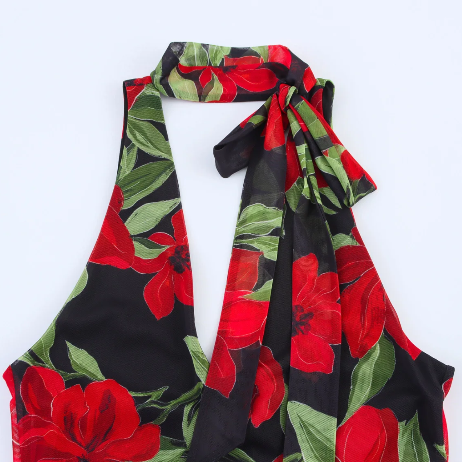Scarlett | Printed Tulle V-Neck Sleeveless Long Dress with Scarf