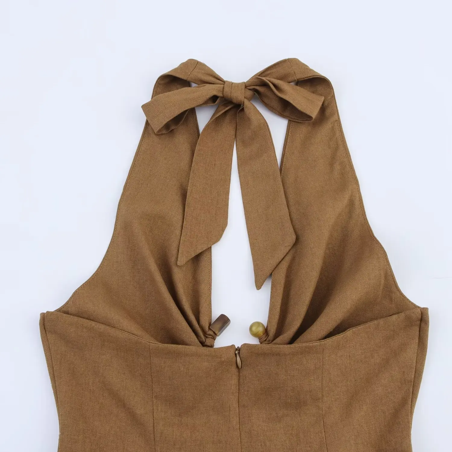 Ellie | Linen Buckle Strap Backless Zipper Midi Dress