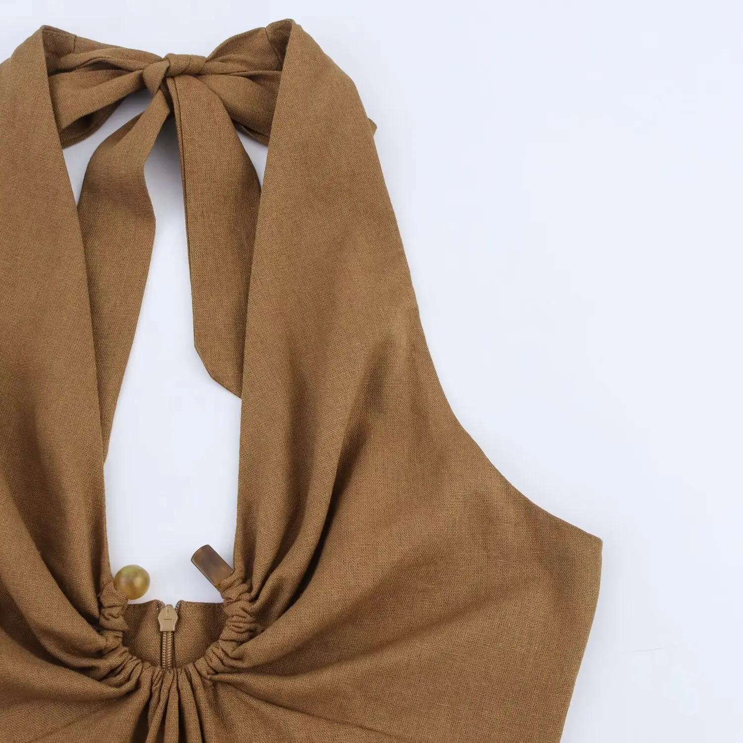 Ellie | Linen Buckle Strap Backless Zipper Midi Dress